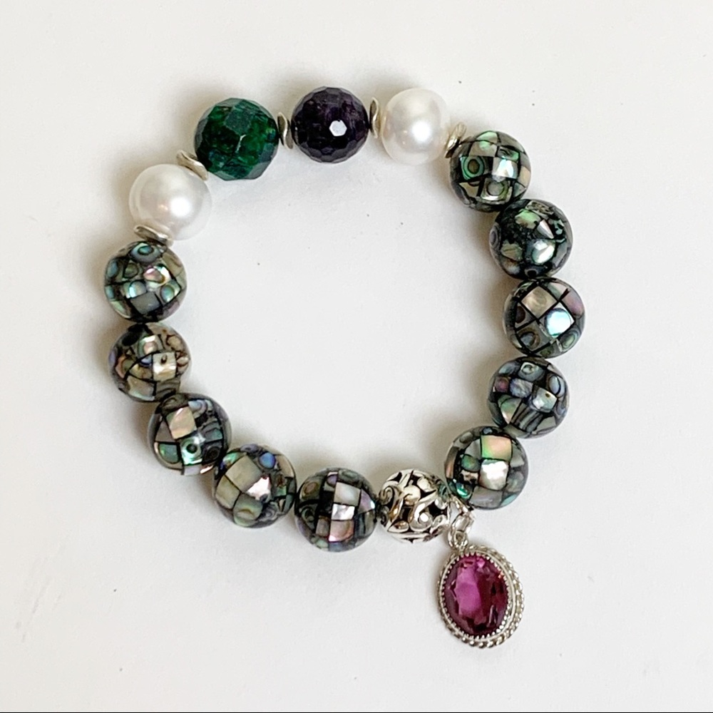 Abalone Pearl Amethyst Stretch Bead Bracelet